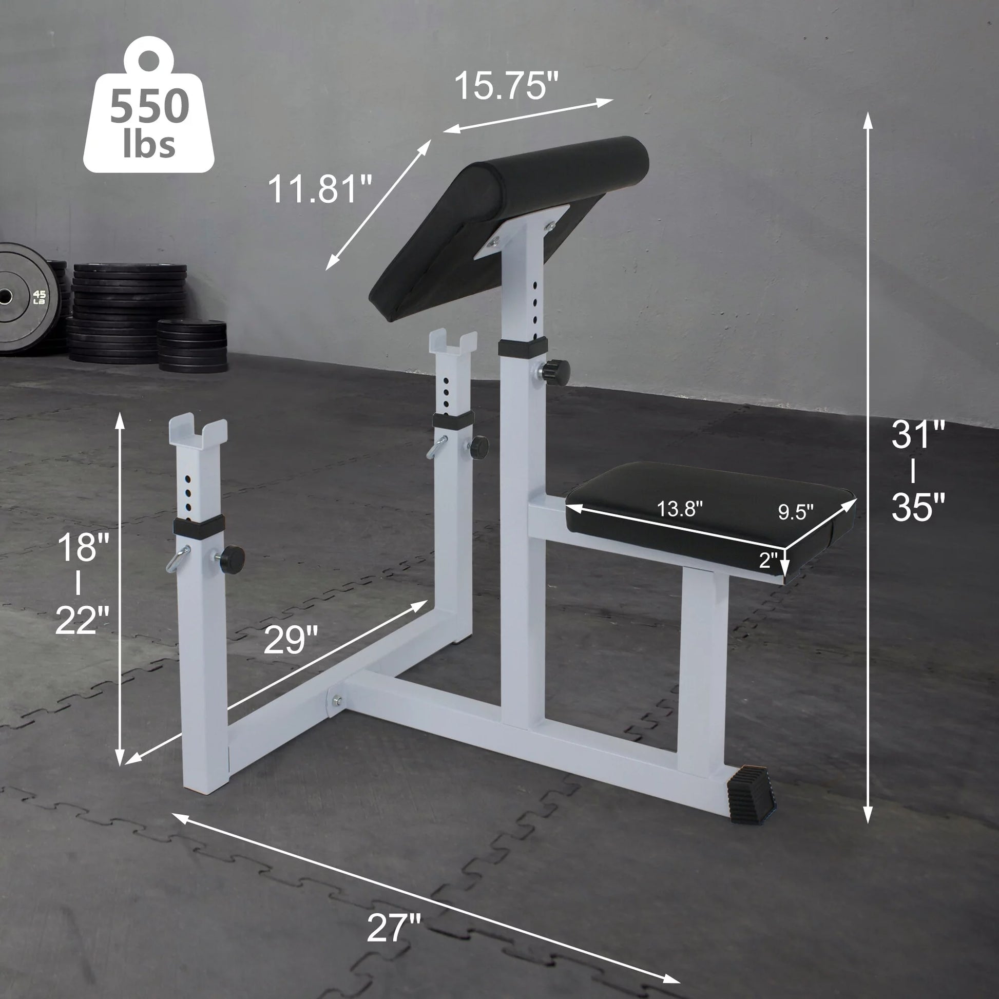 Adjustable Preacher Curl Bench Bicep Curl Weight Bench Max.550Lbs Home Gym Fitness Equipment